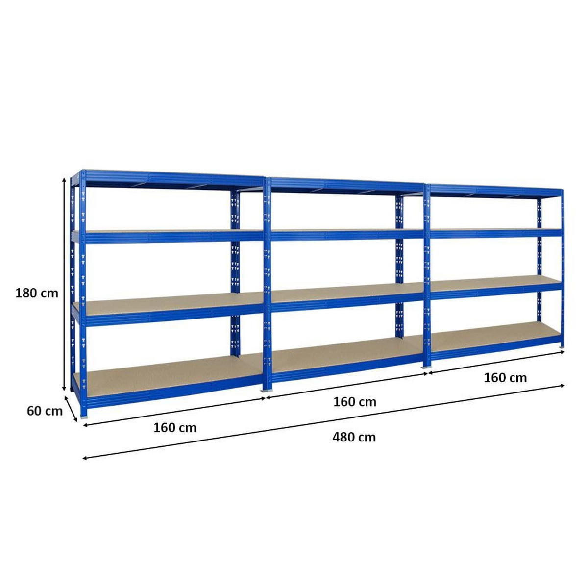 SCHWERLASTREGAL Rhino 3er-Set mit 3x 180x160x60 cm 4 Spanplatten-Ebenen 16mm Fachlast 500 kg Blau - Blau, Metall (480/180/60cm) - PROREGAL
