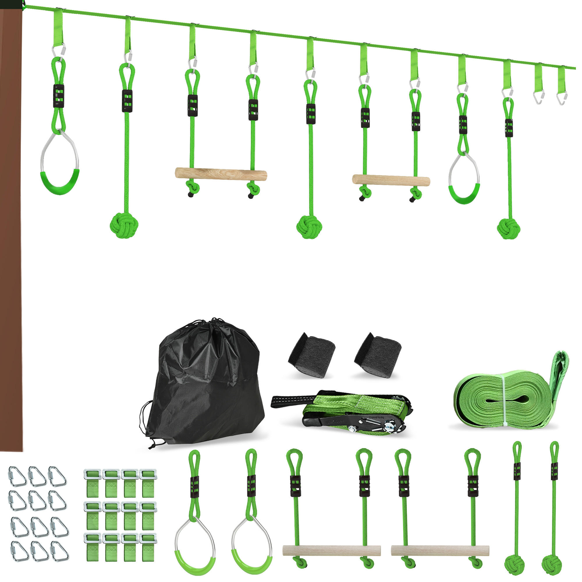 10 M Zipline Kit Kinder Slackline-Set mit 2 Turnringe, 2 Kletterstangen für 3-6 - Grün, Kunststoff (5/1000cm) - AIYAPLAY