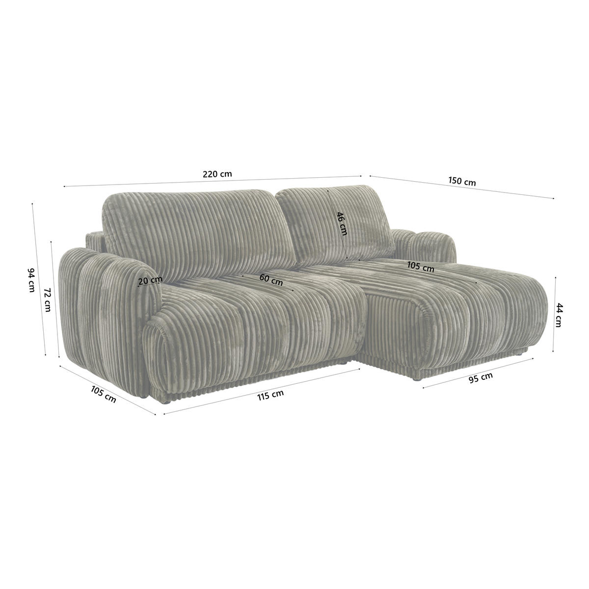 ECKSOFA CAMILO mit Schlaffunktion, Grün - Grün, Textil (220/150cm) - Fedve
