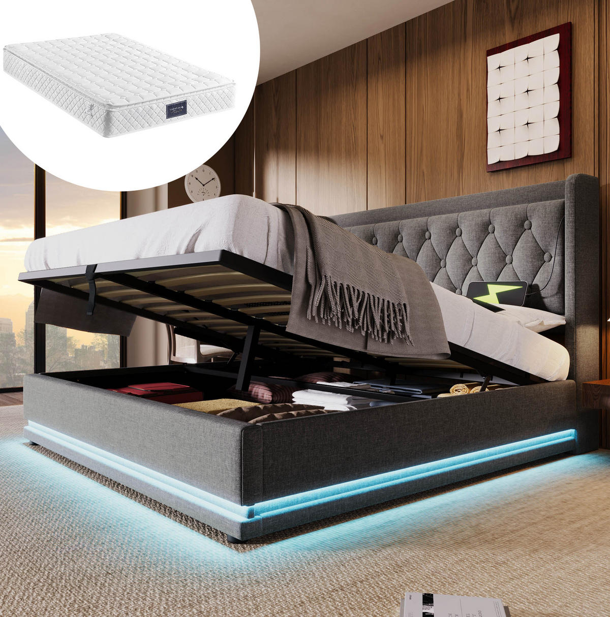 POLSTERBETT 140/200 cm Grau aus Baumwolle mit Stauraum LED und USB/Typ-C mit Matratze - Grau, Textil (140/200cm) - OKWISH
