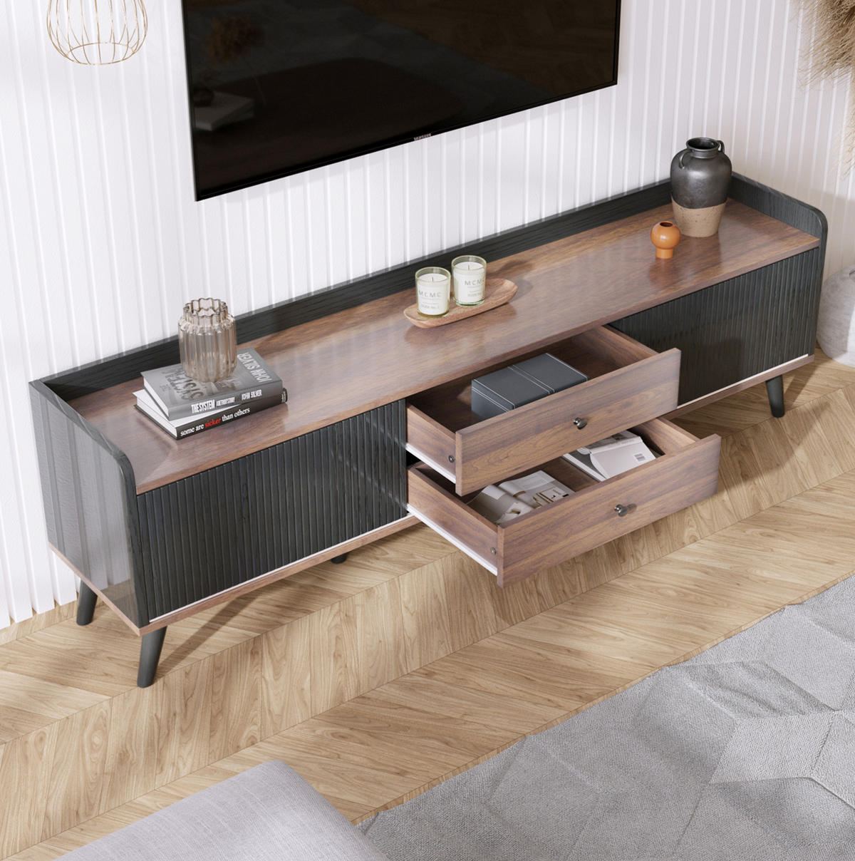 TV-LOWBOARD aus Spanplatte 160x40x58 cm Schwarz/Holzfarben mit 2 Schiebetüren, 2 Schubladen und viel Stauraum - Schwarz, Holzwerkstoff (160/58/40cm) - Modfu