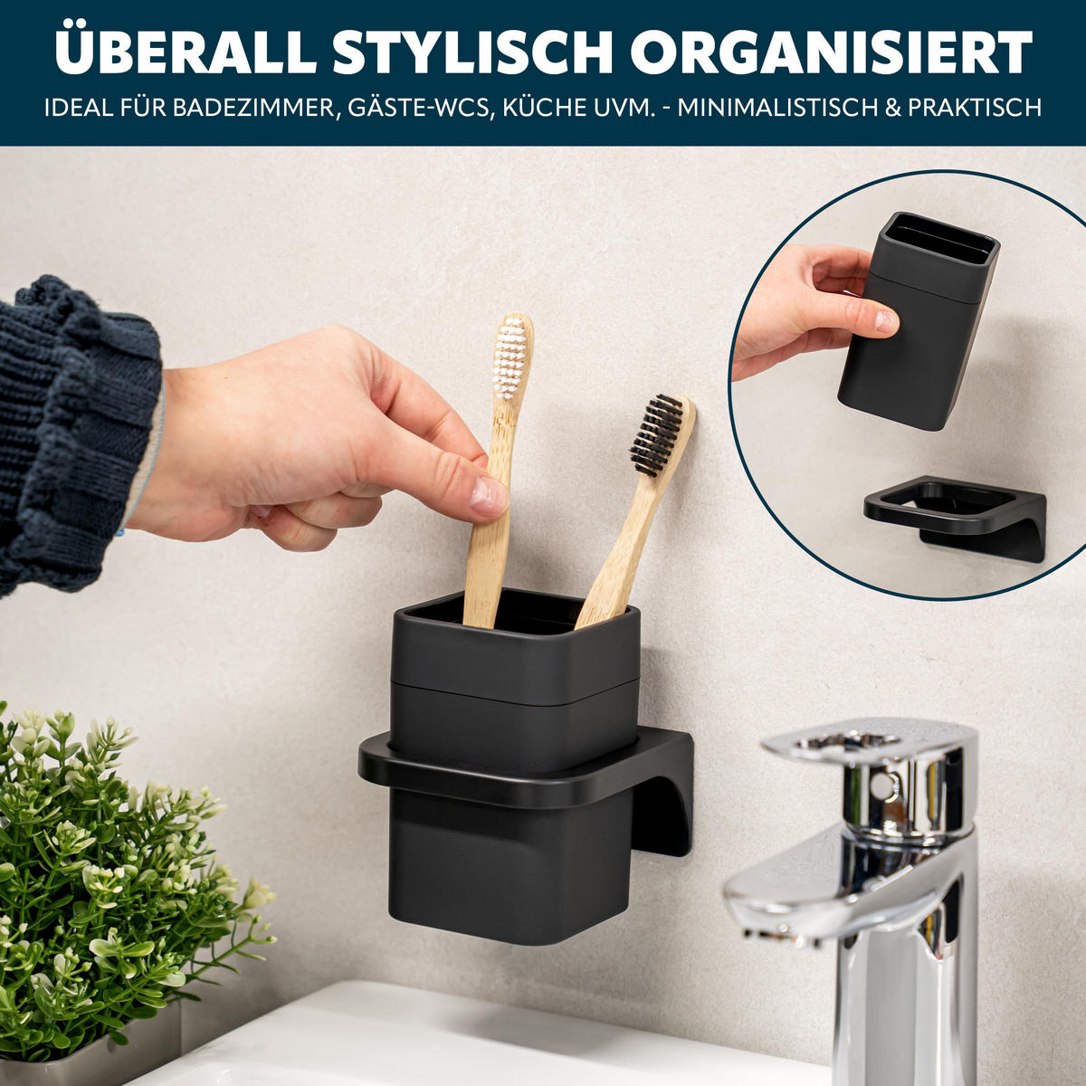 ZAHNPUTZBECHER SAVONA Softtouch, schwarz, eckig - Schwarz, Kunststoff (9/10.5/9cm) - bremermann