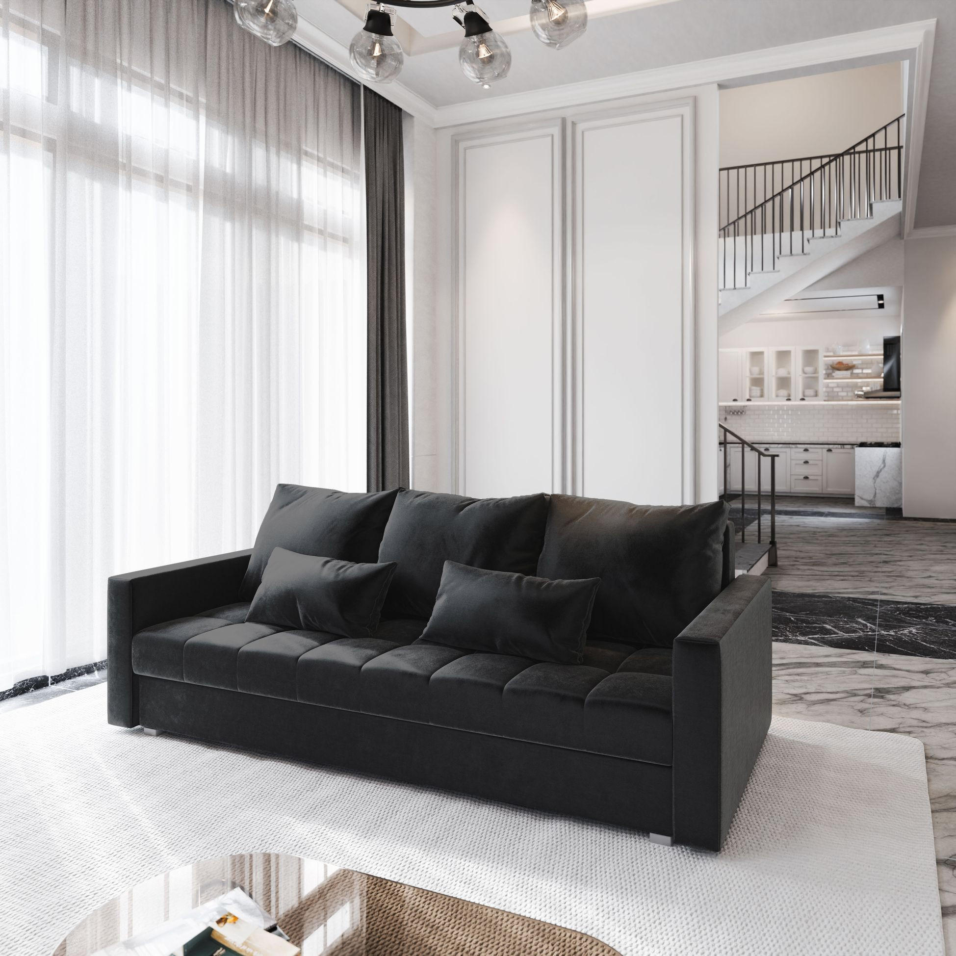 BETTSOFA SIRO Schwarz Plüsch-Stoff mit Schlaffunktion - Schwarz, Textil (222/83/86cm) - MASSENO