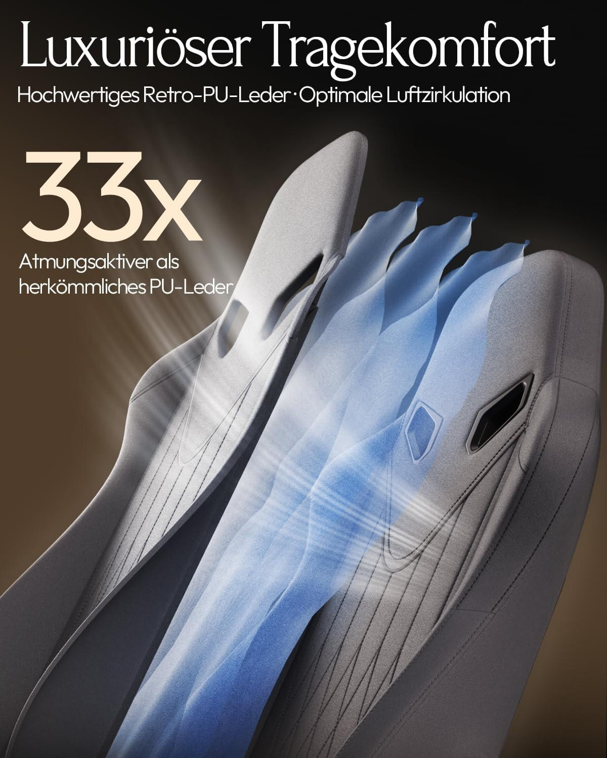 GAMING Stuhl mit Massagefunktion & Lendenwirbelstütze & Nackenstütze - Grau, Leder (56/123/70cm)