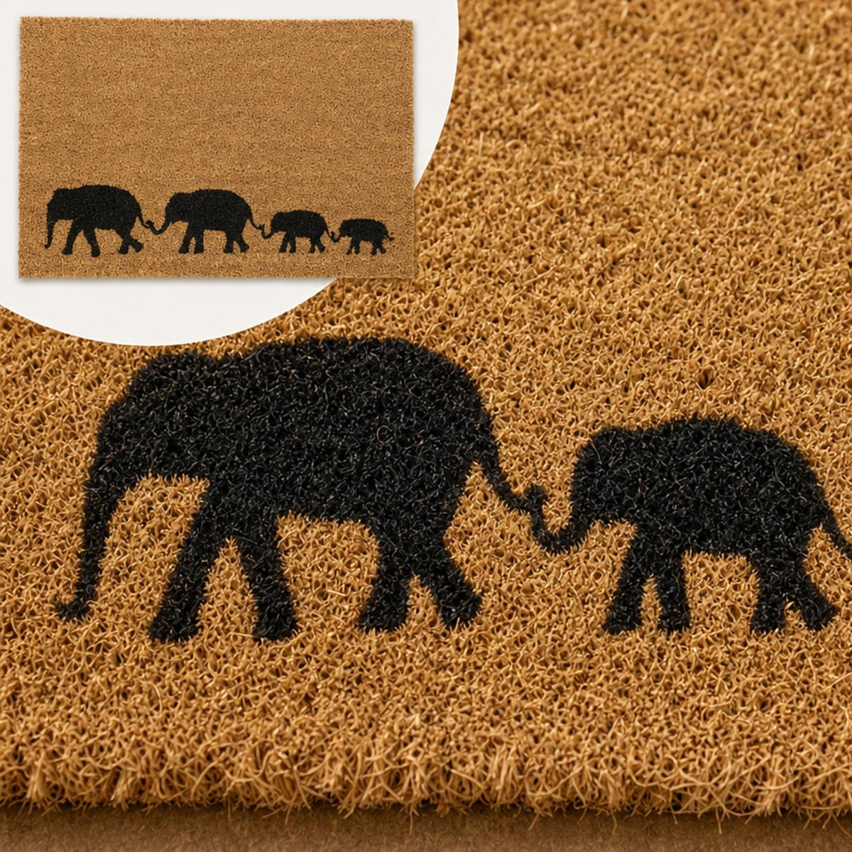 FUSSMATTE Natur Schwarz Kokosfaser Elefantenmotiv - Hellbraun, Kunststoff/Textil (60/40cm) - Relaxdays
