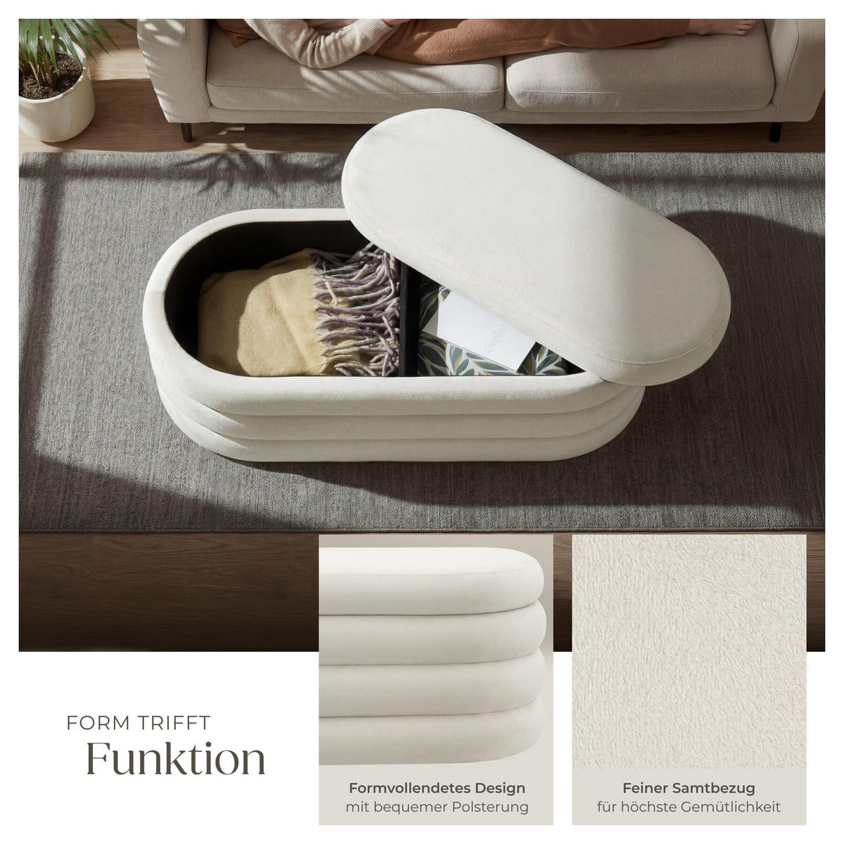 TRUHENBANK Altu,110 x 45 x 42 cm,Samtoptik creme-weiß - Weiß/Samtahornfarben, Holz (110/42/45cm) - tectake