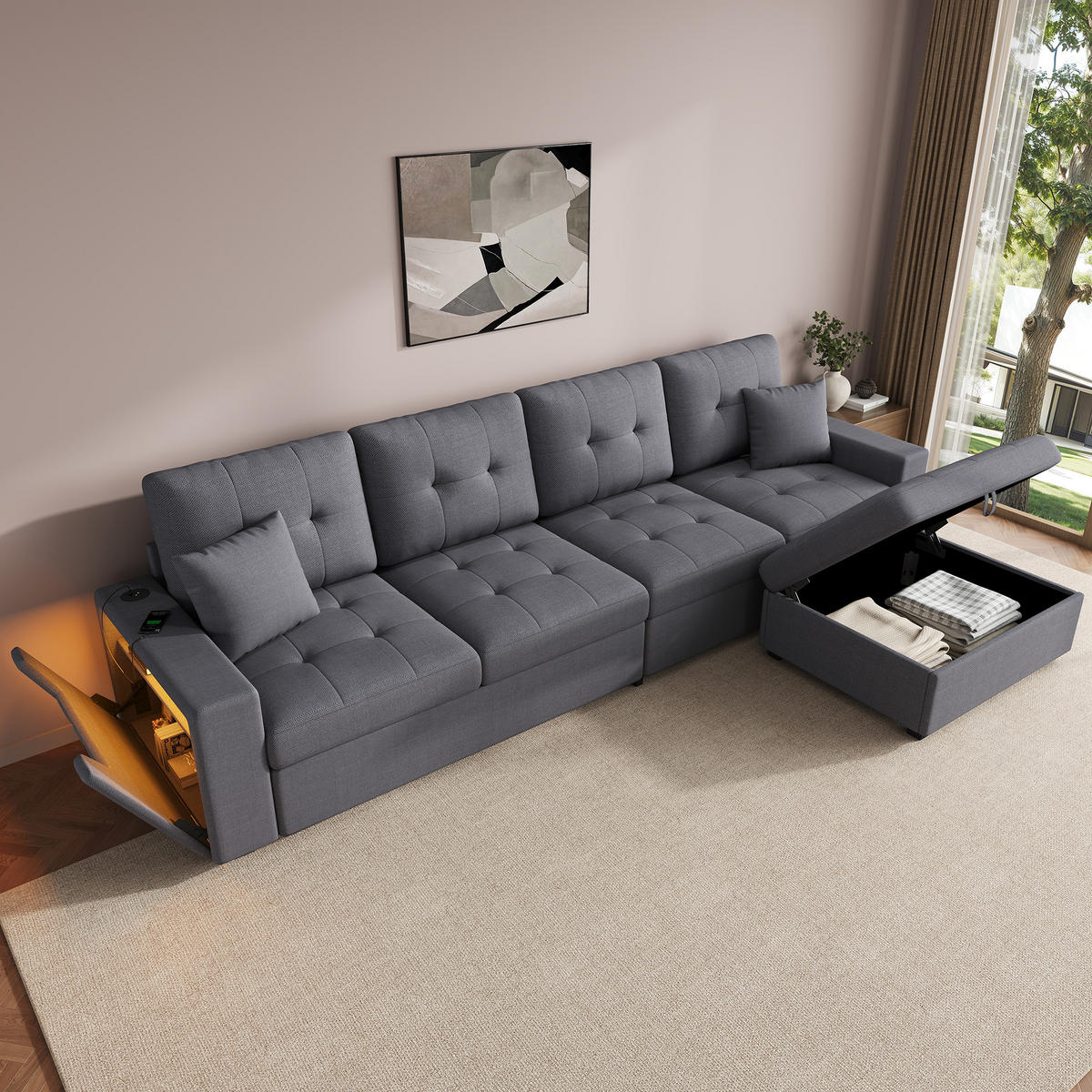 ECKSOFA 253/144.5/80.7 cm Antikgrau mit Aufbewahrungshocker, LED Stimmungslicht und Stauraum - Grau, Kunststoff/Textil (253/144.5cm) - Oxeza