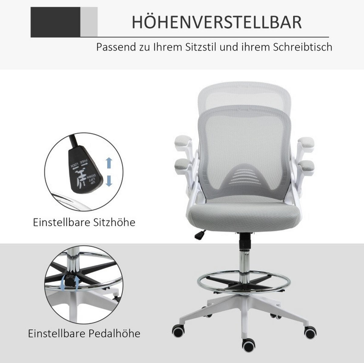 DREHSTUHL 64/60/106-126 cm hellgrau aus Kunststoff mit Netzrücken - Hellgrau, Kunststoff (60/126/64cm) - OKWISH