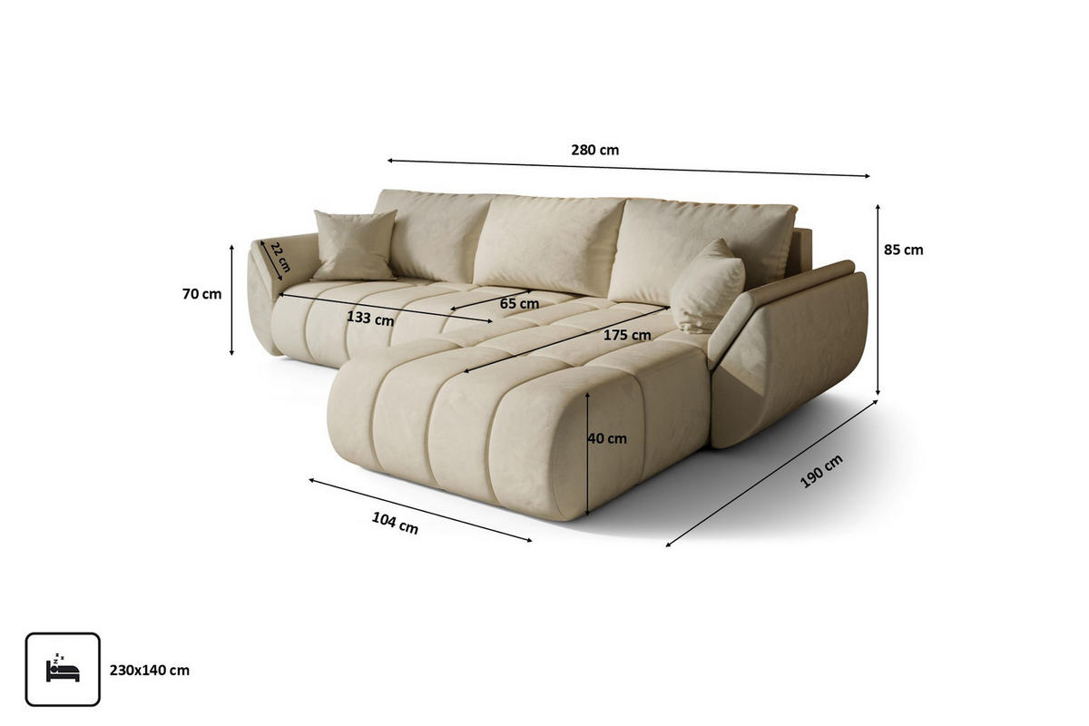 ECKSOFA TOKYO PREMIUM mit Schlaffunktion, Stoff MONOLITH, Ecru, Rechts - Ecru, Holz (280/190cm) - Kaiser Möbel
