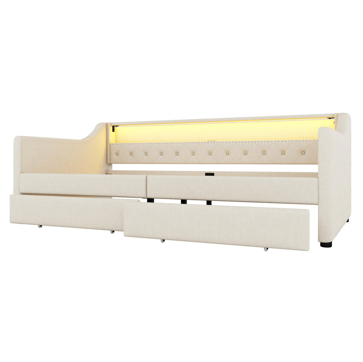 DNEVNI krevet 90/200 cm bež od lana i MDF-a s LED rasvjetom, USB priključkom i 2 ladice - bež, tekstil (90/200cm) - OKWISH