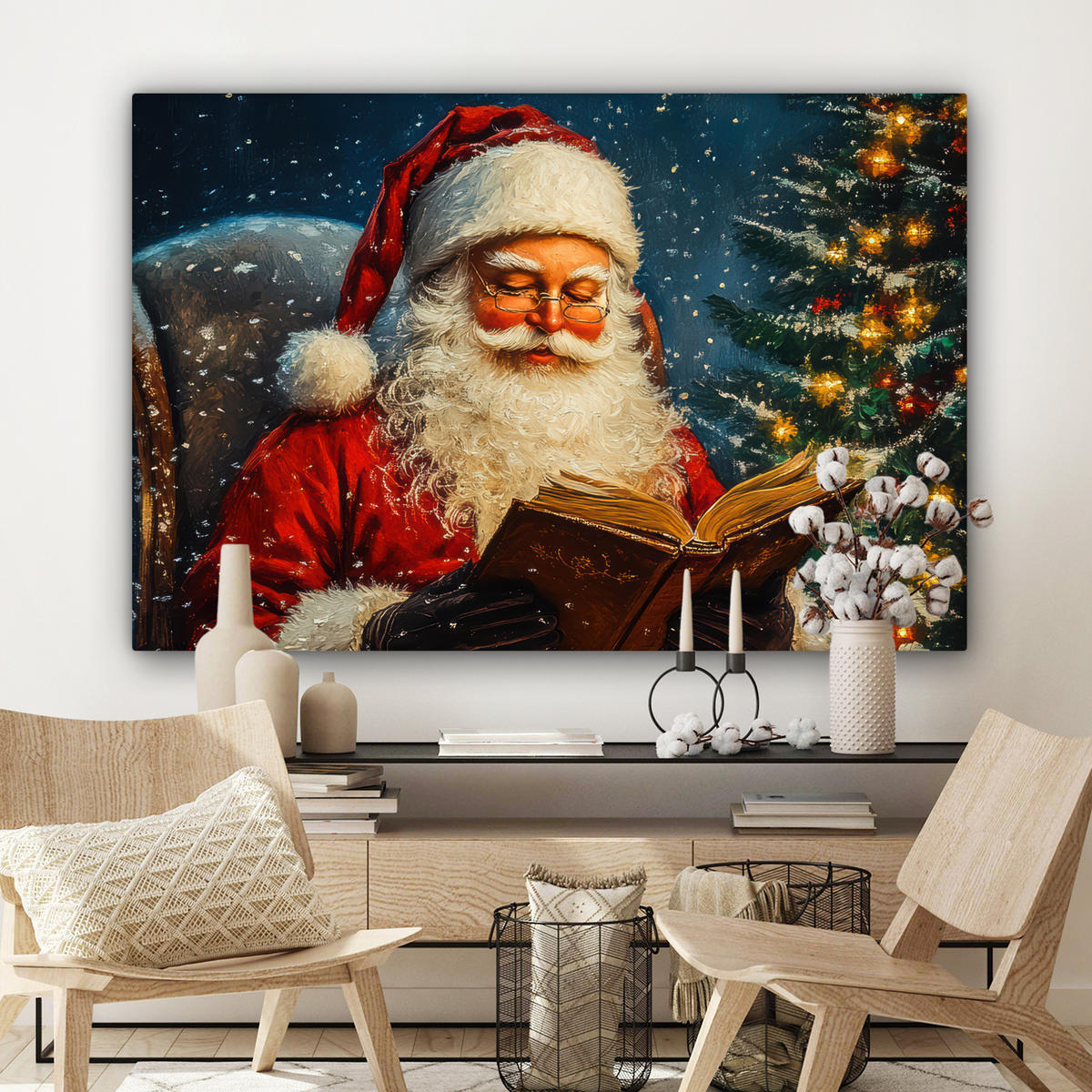 LEINWANDBILD Weihnachtsmann - Weihnachten - Winter - Weihnachtsbaum Wohnzimmer Groß 120x80 cm - Bordeaux, Textil (120/80cm) - MuchoWow