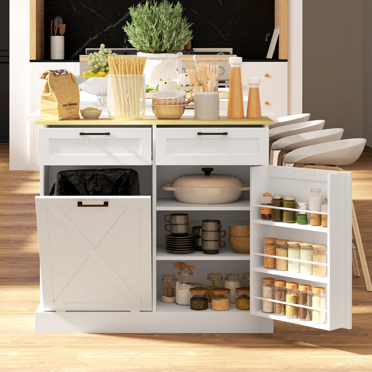 SIDEBOARD DE-11297 Integrierter 38L Mülleimer & Gewürzregal Weiß - Weiß, Holzwerkstoff (36/90/100cm) - ComfortXL