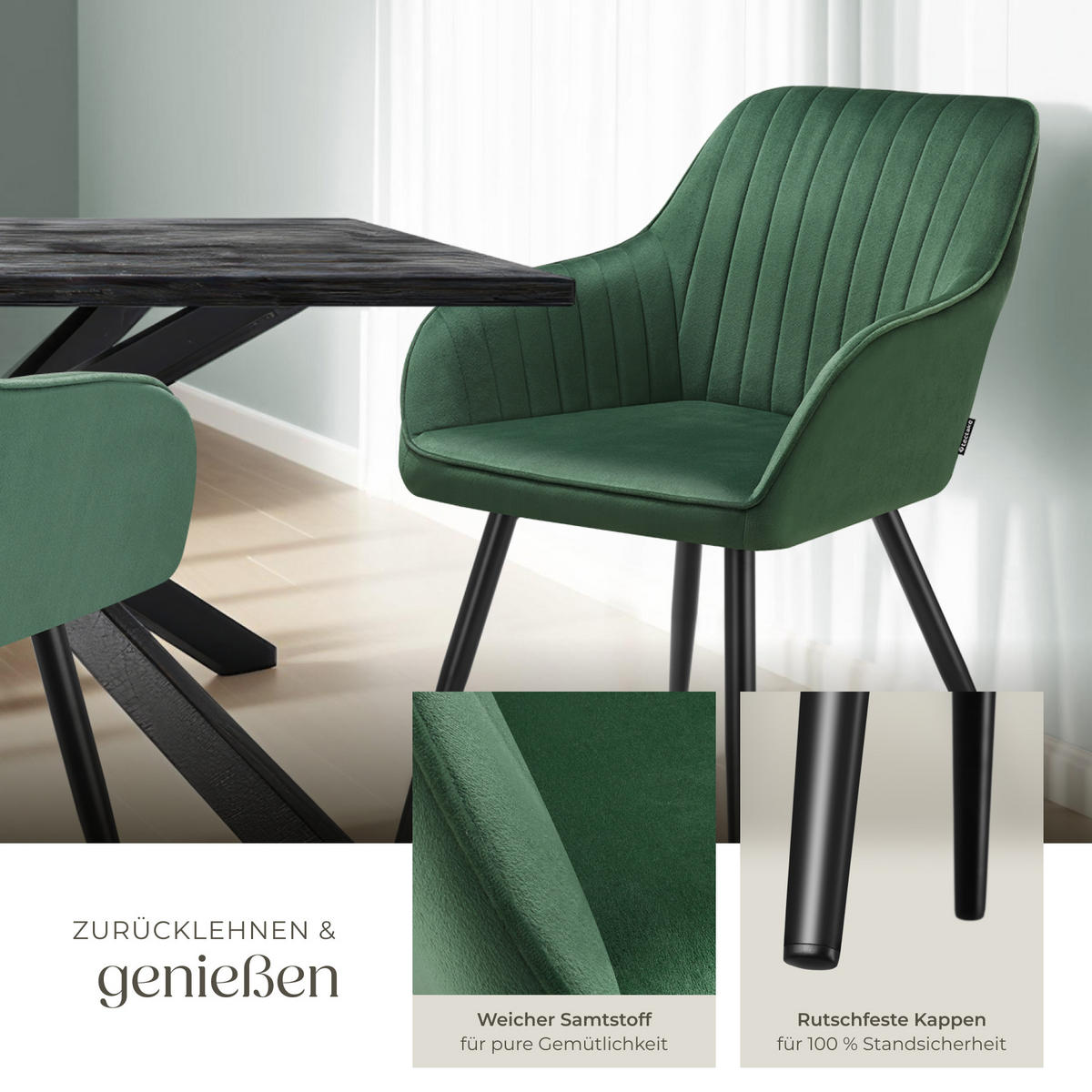 ESSZIMMERSTUHL 2er Set Marilyn 58 x 62 x 82 cm dunkelgrün/schwarz - Dunkelgrün/Schwarz, Metall (58/82/62cm) - tectake