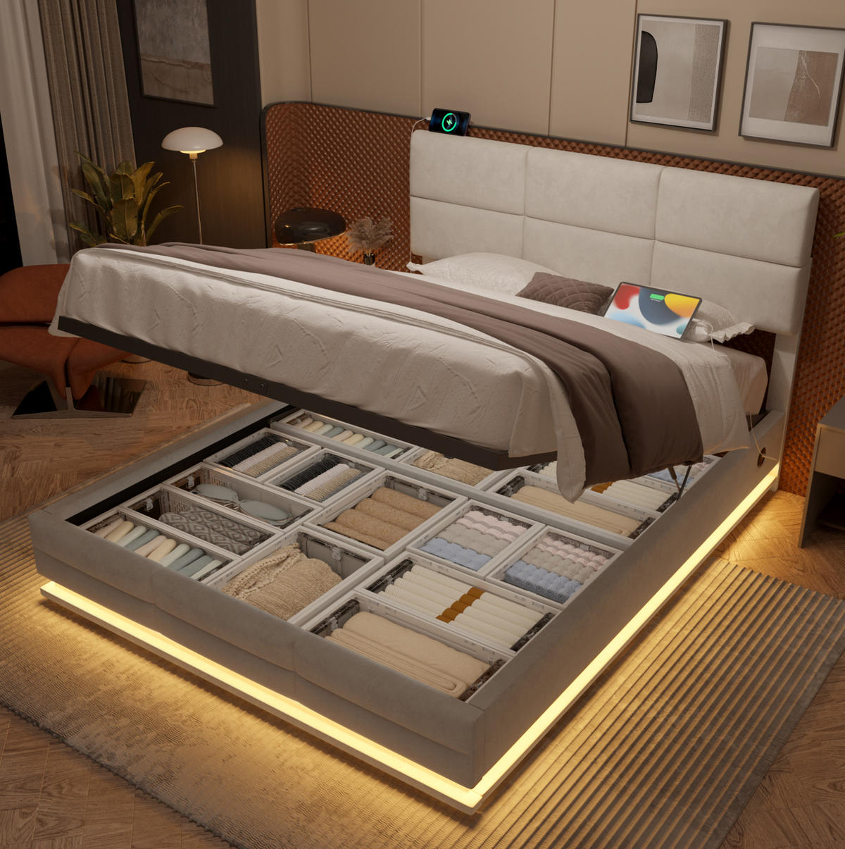 POLSTERBETT 160/200 cm mit LED-Beleuchtung, USB-Anschlüssen, hydraulischem Bettkasten und verstellbarem Kopfteil, Beige - Beige, Textil (160/200cm) - Redom