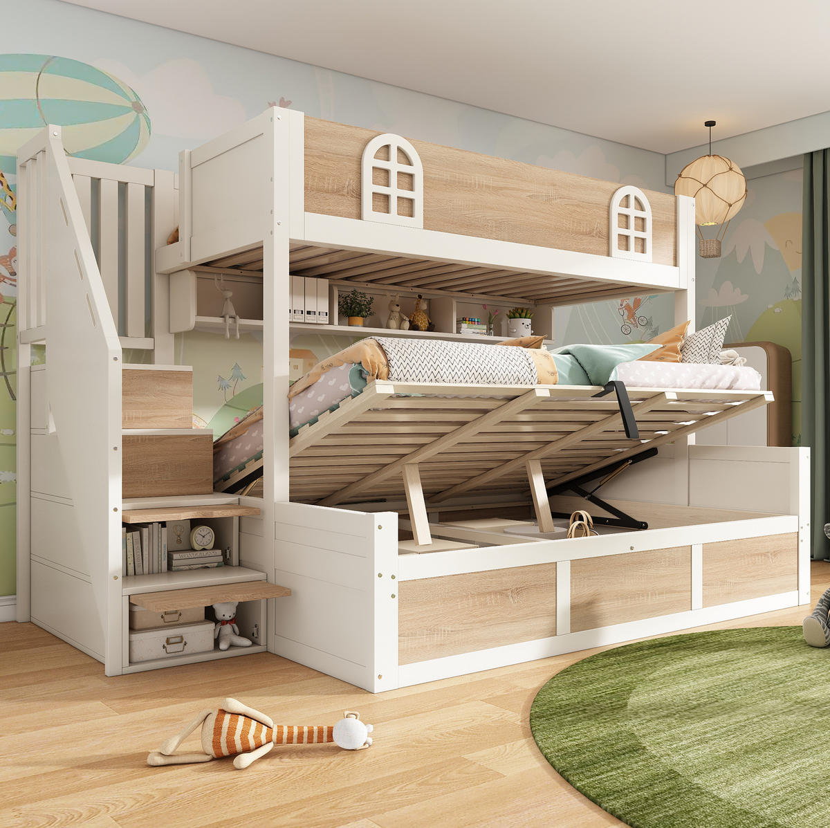 ETAGENBETT Holz 140x200 cm Weiß/Natur mit Treppenschrank, Stauraum und Lattenrosten - Weiß, Holz (140/200cm) - Modfu