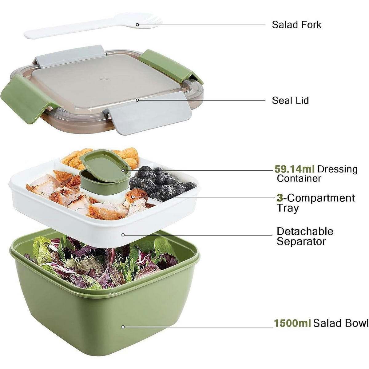 BENTO Box 3 Fächer 1500 ML Armeegrün - Olivgrün, Kunststoff (17/9.6/17cm)