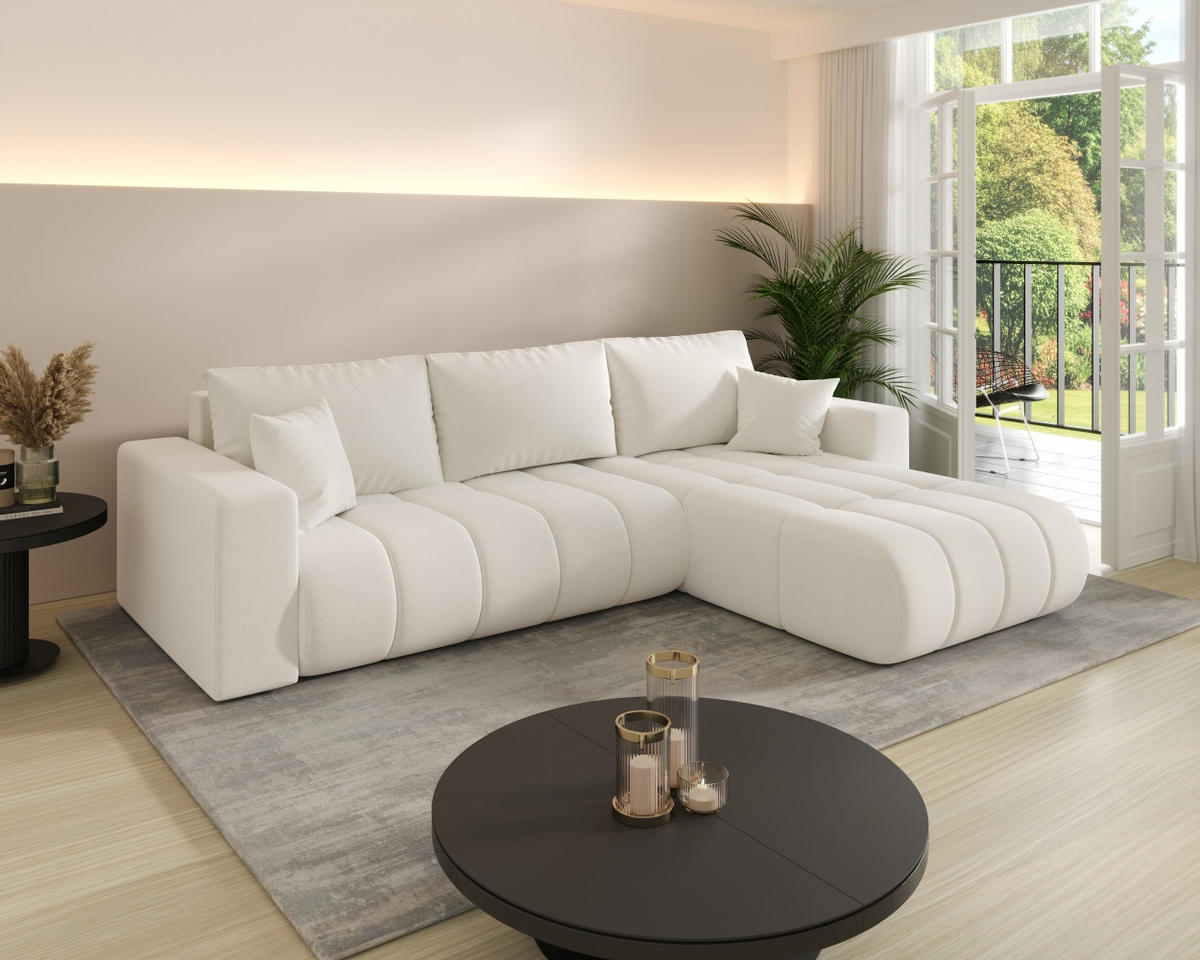 ECKSOFA mit schlaffunktion und bettkasten MILO PREMIUM, stoff WIND, Ecru, Rechts - Ecru, Holz (280/190cm) - Kaiser Möbel