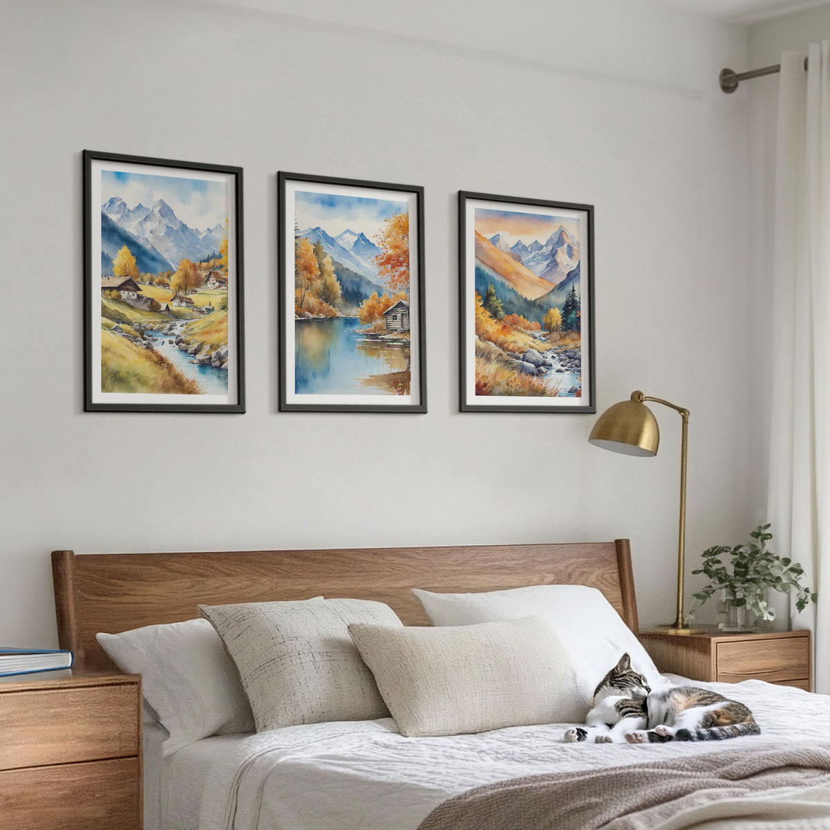 WANDBILDER 3er-Set - 40x60 cm Schwarzer Rahmen - Herbstliche Berge, Flusshäuser - Schwarz, Kunststoff (40/60cm) - ArtPrintCave