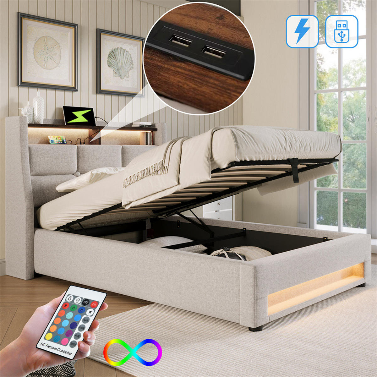 POLSTERBETT 90/200 cm in Linen mit USB - Beige, Holz/Textil (90/200cm) - KOMHTOM