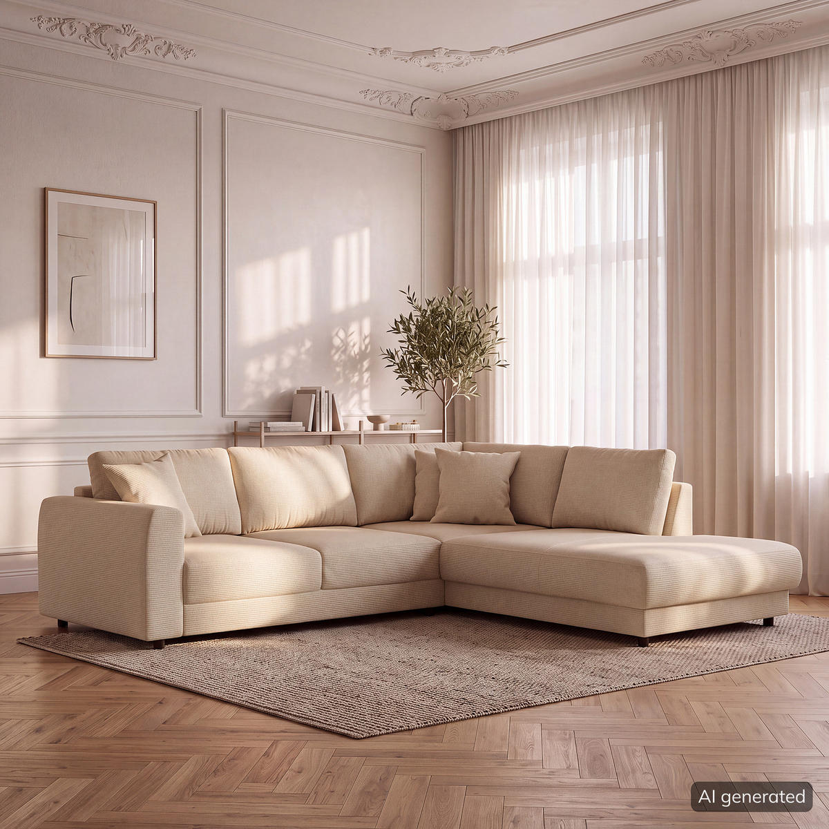 ECKSOFA mit Ottomane - Beige/Schwarz, Holz/Kunststoff (267/254cm) - home24