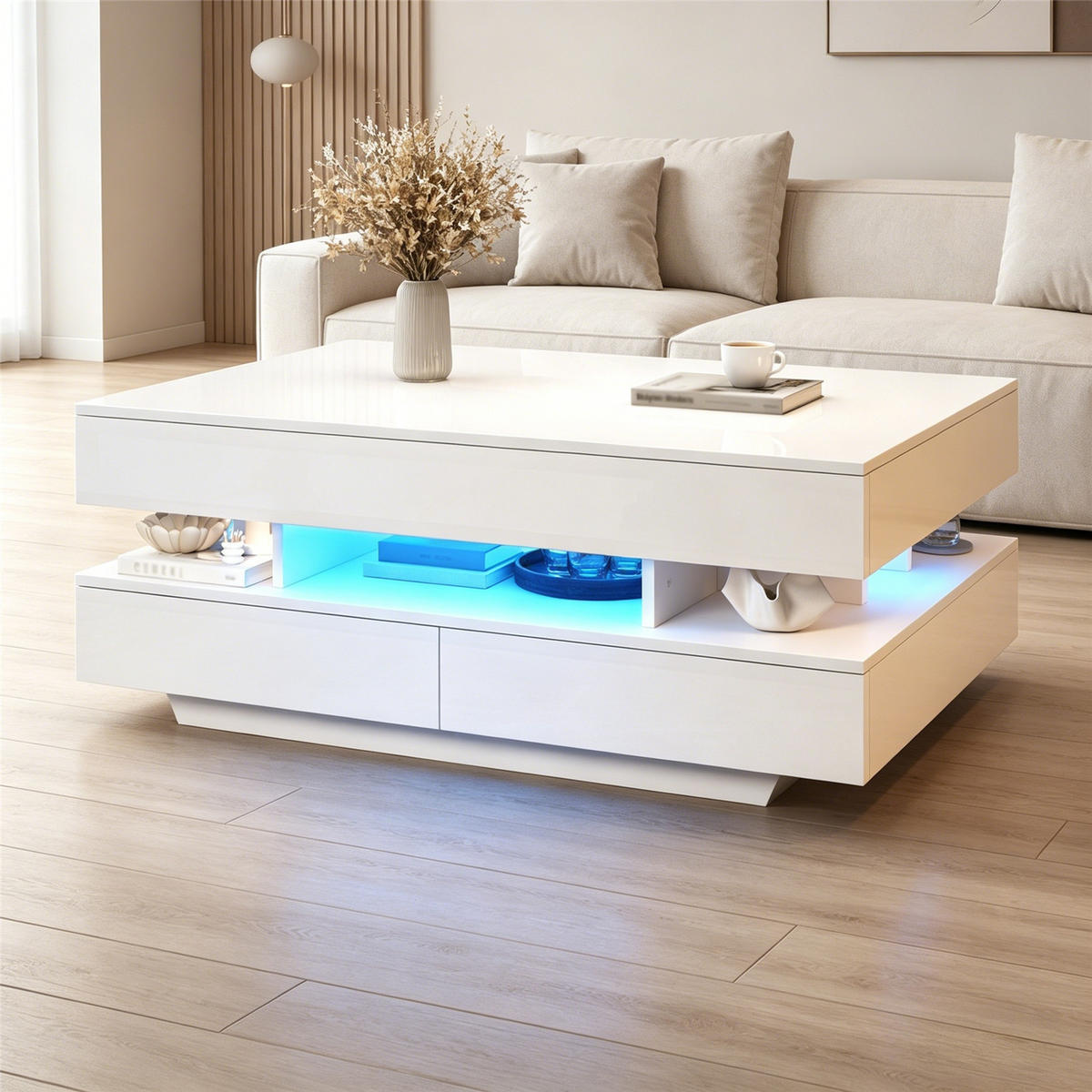 COUCHTISCH Lift-Top LED mit Stauraum 100 cm - Weiß, Holz (50/100/45cm) - Kaket