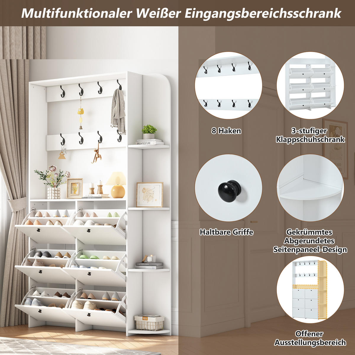 KOMPAKTGARDEROBE Schuhschrank 8 Haken 5 Ablagen Weiß - Weiß, Holzwerkstoff (120/200/24cm) - FLIEKS
