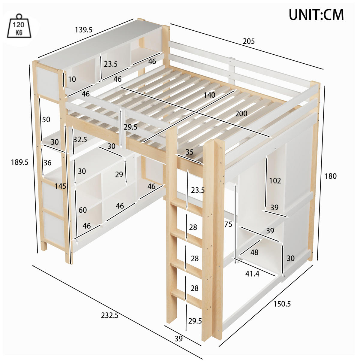 HOCHBETT 140/200 cm mit Schreibtisch, Regalen und Kleiderschrank aus Kiefern, Natur/Weiß - Weiß, Holzwerkstoff (140/200cm) - Redom