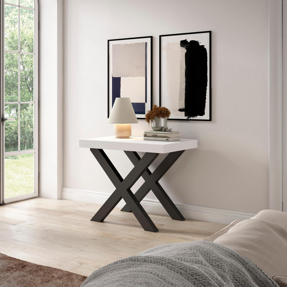 KONSOLENTISCH ausziehbar 58 bis 222cm, für 10 Gäste, weiß, 90/58/73cm - Weiß, Holzwerkstoff (90/222/73cm) - Skraut Home