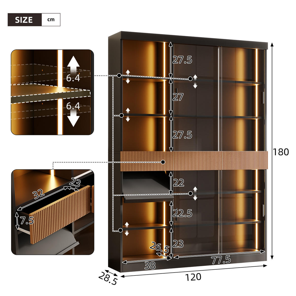 VITRINE 120x28,5x180 cm mit LED und Schiebetüren - Schwarz/Braun, Holzwerkstoff (120/180/28.5cm) - FLIEKS