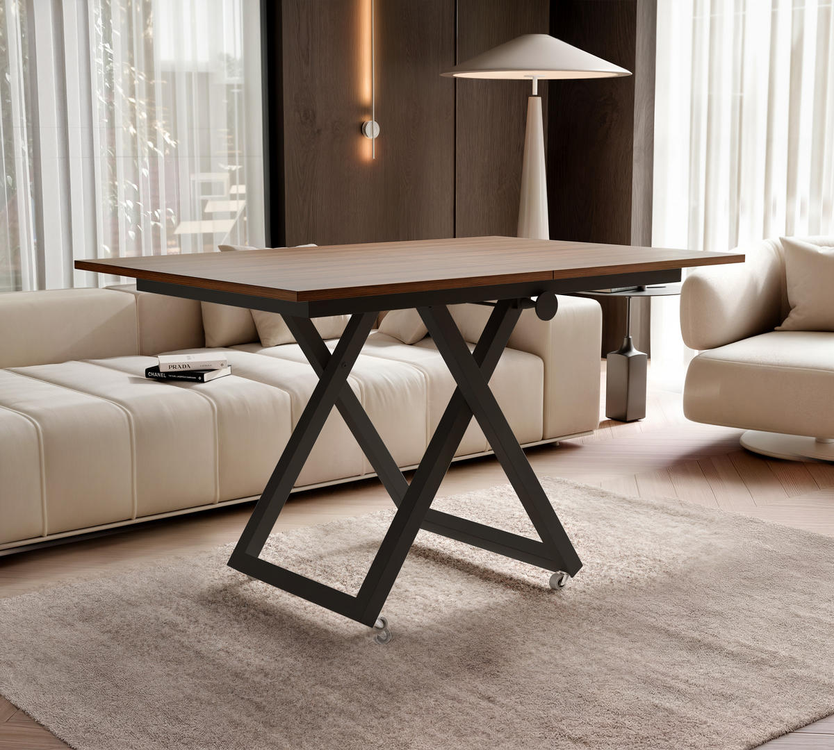 COUCHTISCH ARIA 120-160/80 cm, Höhenverstellbar, Schwarz / Franklin-Nussbaum - Nussbaumfarben/Schwarz, Holzwerkstoff/Metall (120/80/38cm) - Idohome