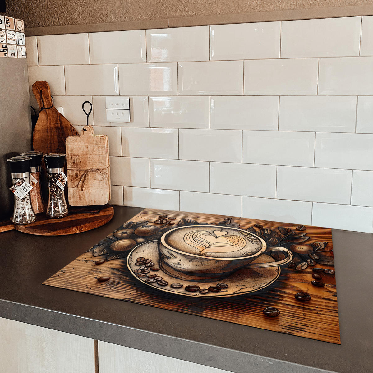 HERDABDECKPLATTE Kaffee - Vintage - Braun - Tasse - Holz 65x52 cm - Cappuccino, Kunststoff (65/52/0.2cm) - MuchoWow