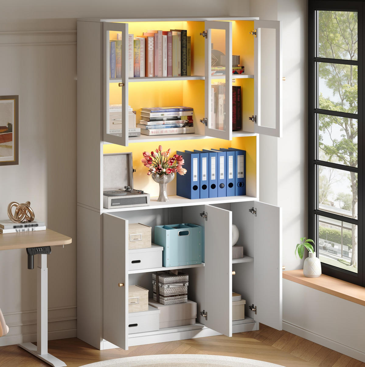 VITRINE 100/35/200 cm aus MDF mit Glasvitrine und LED-Beleuchtung Weiß - Weiß, Holzwerkstoff (100/200/35cm) - Modenvie