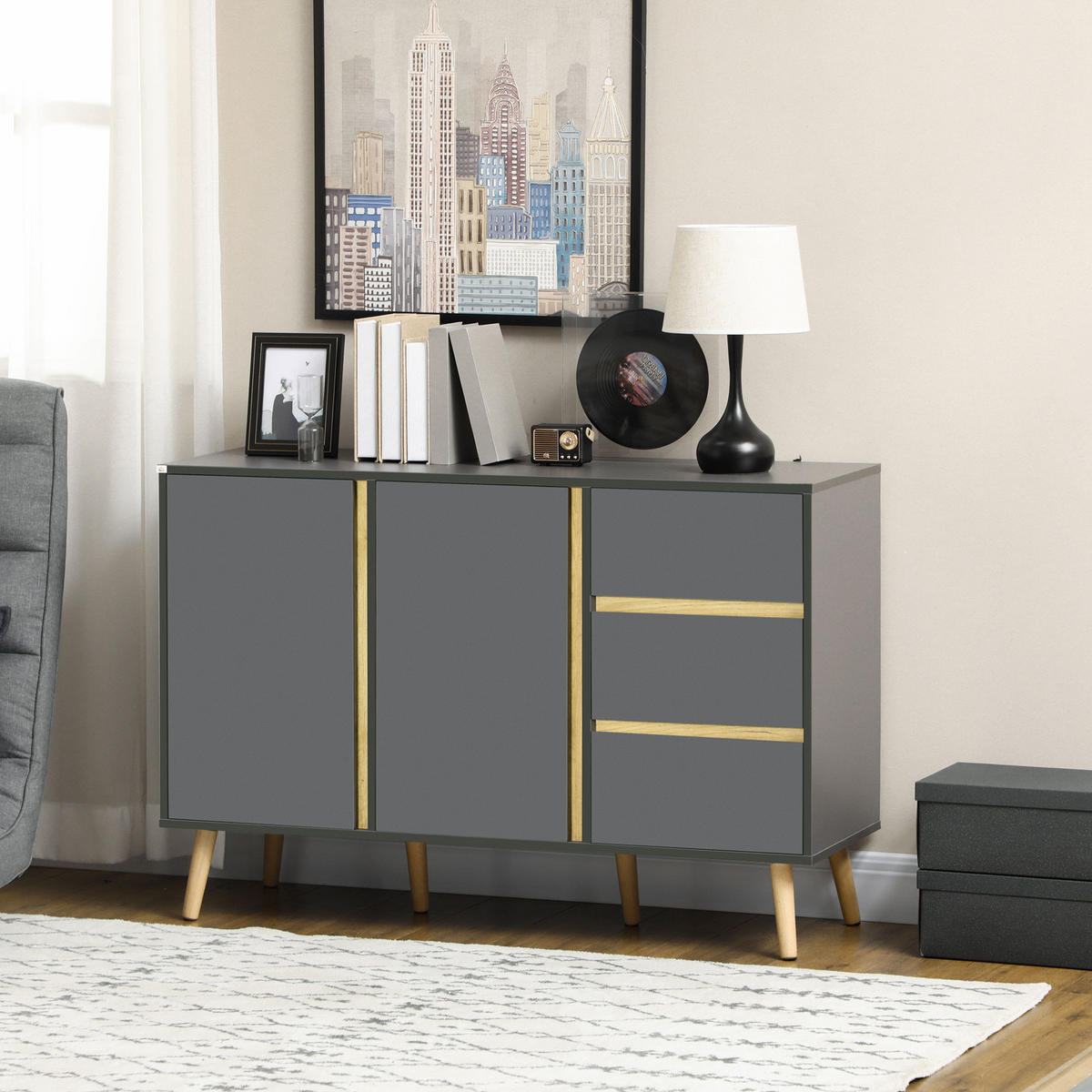 SIDEBOARD Anthrazit und Naturfarben, 2 Türen, 3 Schubladen, 120/40/80 cm - Dunkelgrau, Holz (120/80/40cm) - PANGIVO