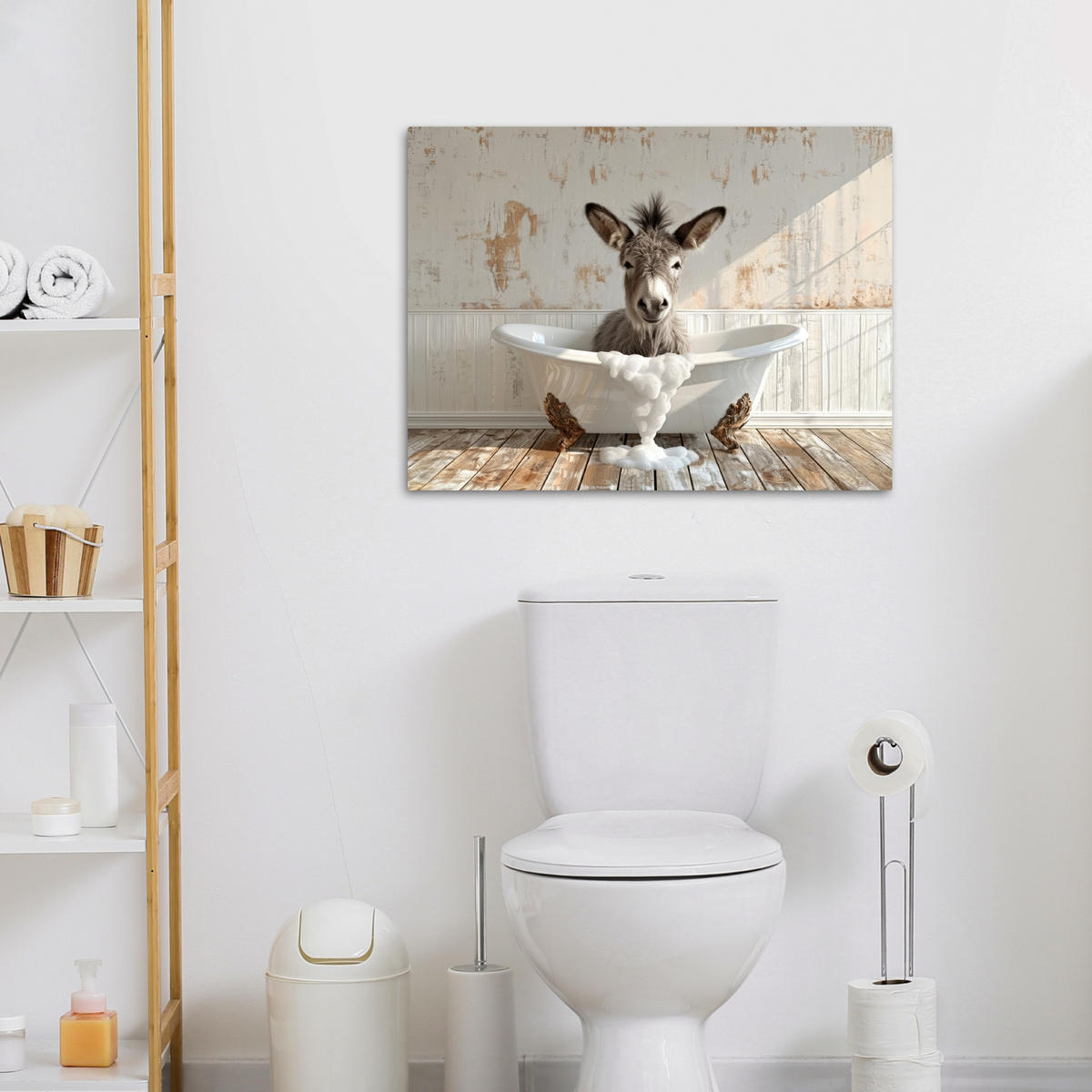 LEINWANDBILD Esel - Tiere - Badewanne - Schaumstoff Wandbilder 80x60 cm - Weiß, Textil (80/60cm) - MuchoWow