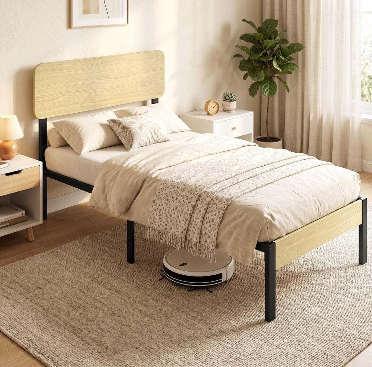 BETT 90/200 cm in Natur/Schwarz mit Kopfteil und Stauraum - Naturfarben, Metall (90/200cm) - Flora Grace