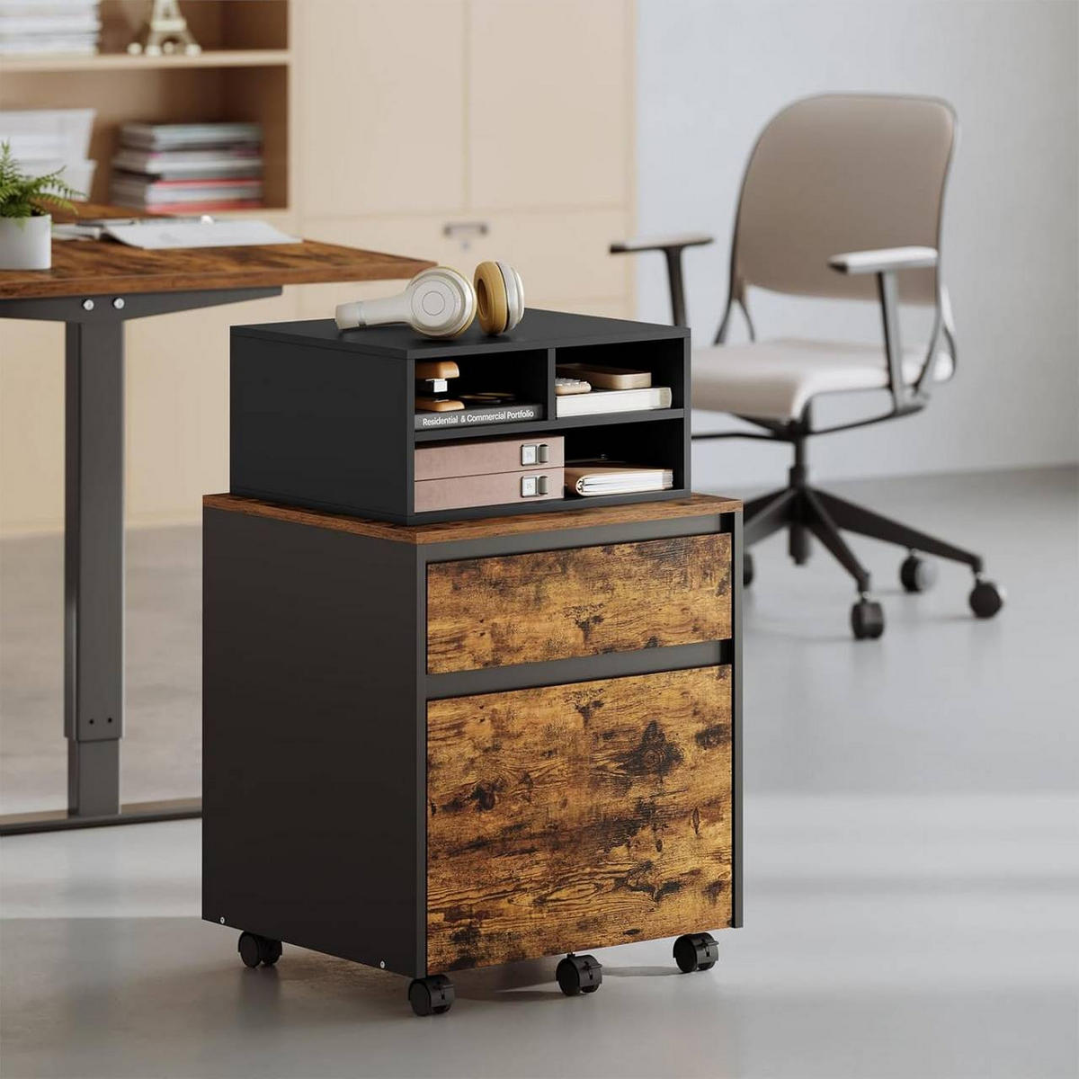 AKTENREGAL mit 3 Fächern,Druckerschrank, 47x22,5x40 cm, Schwarz - Schwarz, Holzwerkstoff (40/47/22.5cm) - Woltu