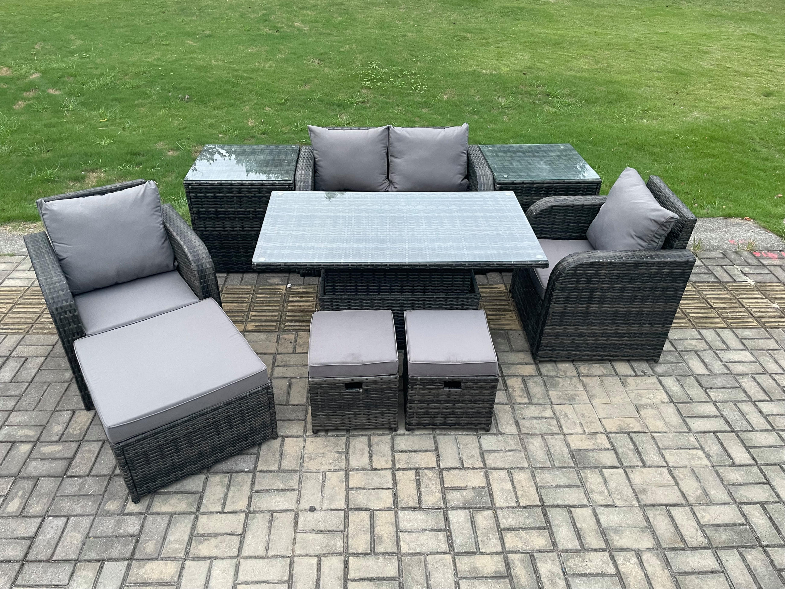 GARTENMÖBEL SET Polyrattan 7-Sitzer - Dunkelgrau/Grau, Glas/Kunststoff - Fimous