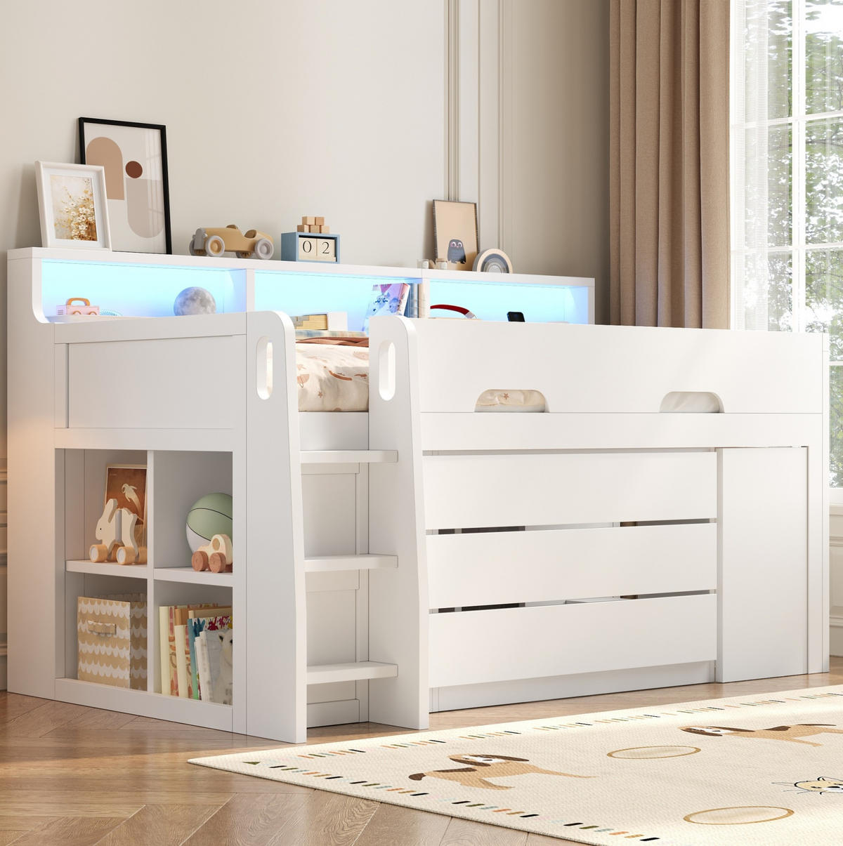 HOCHBETT 90/200 cm, Weiß mit 3 Schubladen, Schreibtisch und LED-Licht - Weiß, Holzwerkstoff (90/200cm) - MIVRAY