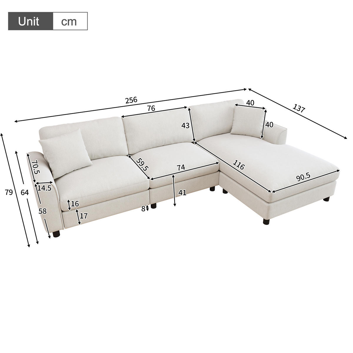 ECKSOFA 3-Sitzer Wolkenform mit umstellbarer Liege, DE-42509, Beige - Beige, Holzwerkstoff (256/137cm) - ComfortXL