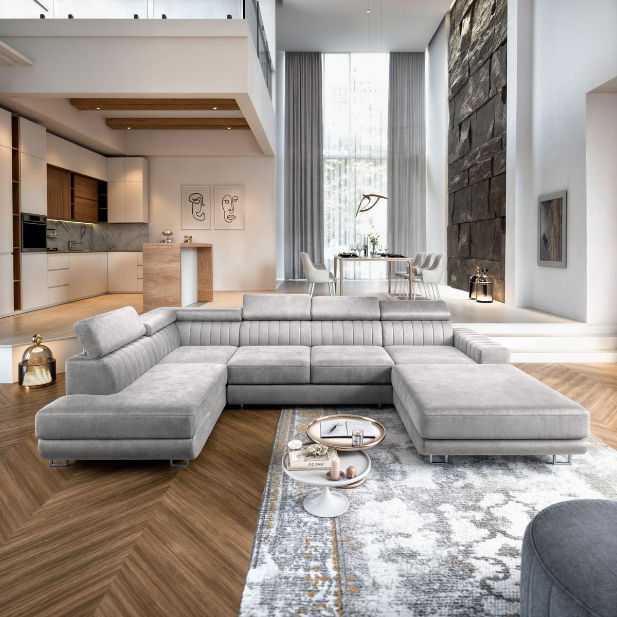 WOHNLANDSCHAFT SIENA L-S Hellgrau Velours-Stoff mit Schlaffunktion - Hellgrau, Holz (335/89/190cm) - MASSENO