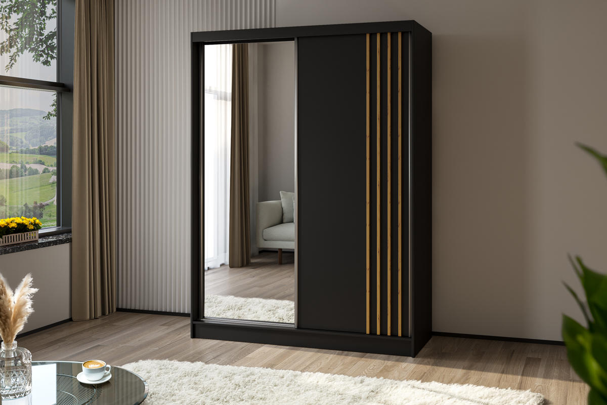 SCHWEBETÜRENSCHRANK Neli 160 cm mit Lamellen und Spiegel 2-türig, schwarz, schwarz, Lamelle Artisan - Schwarz/Eiche Artisan, Kunststoff (160/216/61cm) - Margaret Hadas24