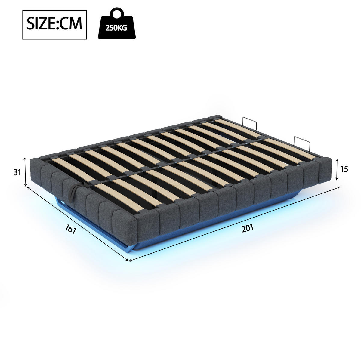POLSTERBETT 160/200 cm Grau Hydraulischer Schwebebettrahmen mit LED-Beleuchtung - Grau, Textil (160/200cm) - OKWISH