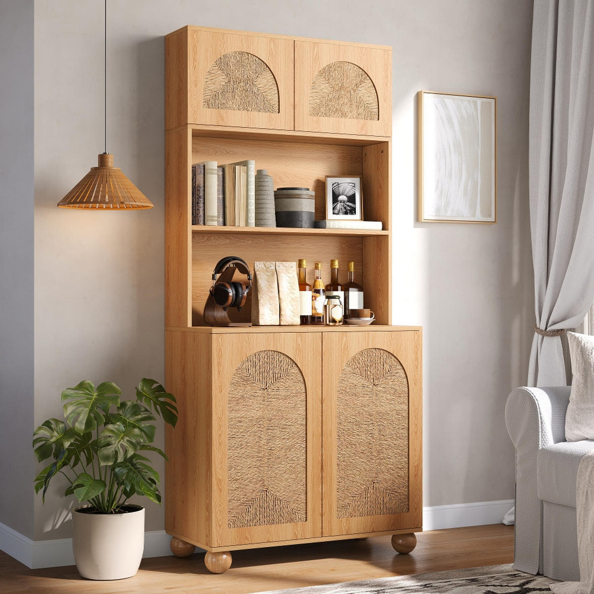 KÜCHENSCHRANK mit Seilgeflecht-Türen, dreigeteilt, Kieferholzfüße, Natur, 80/180/40 cm - Naturfarben, Kunststoff (40/180/80cm) - Rolipo