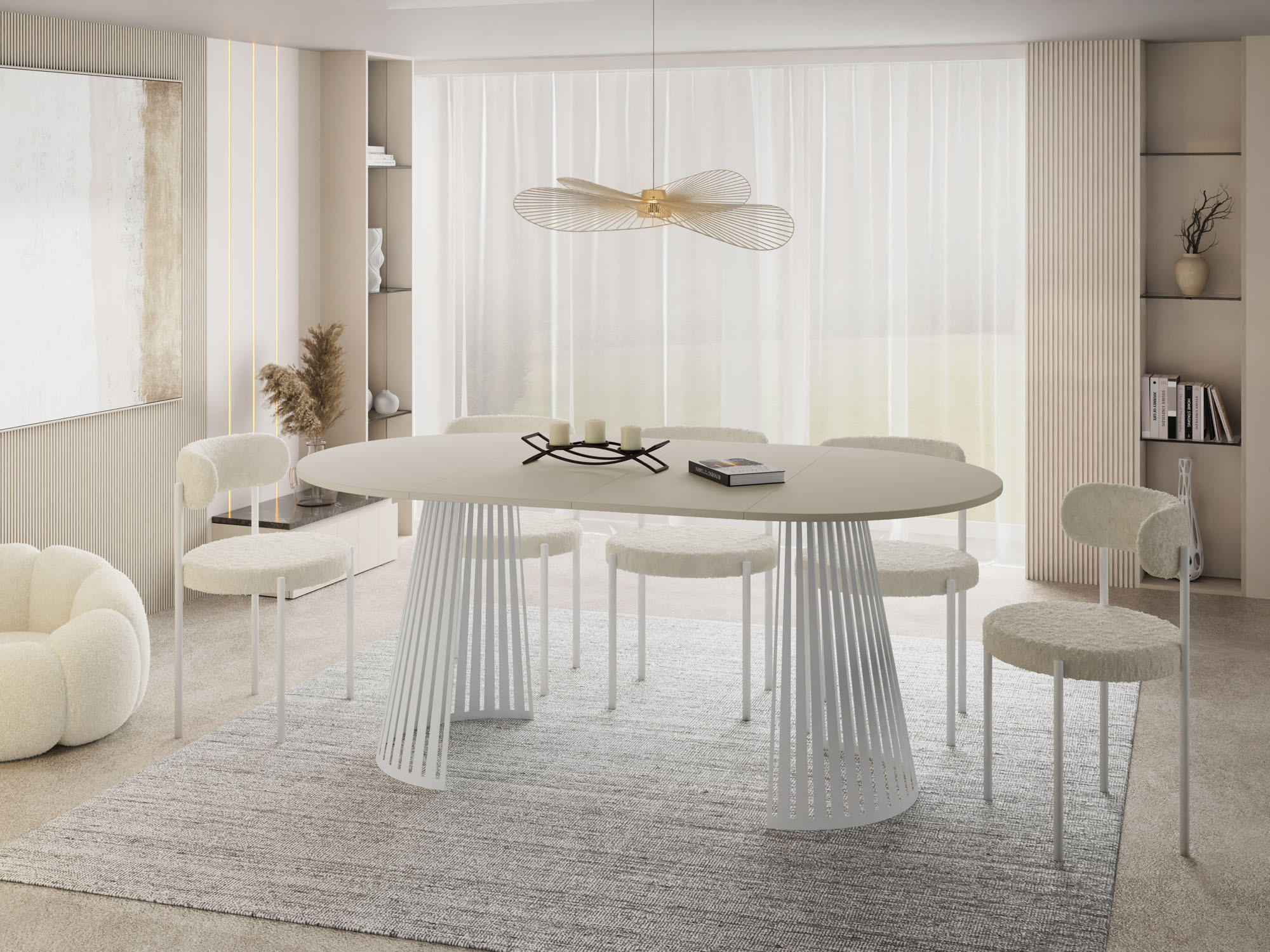 ESSTISCH Naro rund ausziehbar mit Weißem Lamellen-Metallgestell, Beige Cashmere 100-180/100/76 cm - Beige/Weiß, Holzwerkstoff/Metall (100/100/76cm) - WFL GROUP