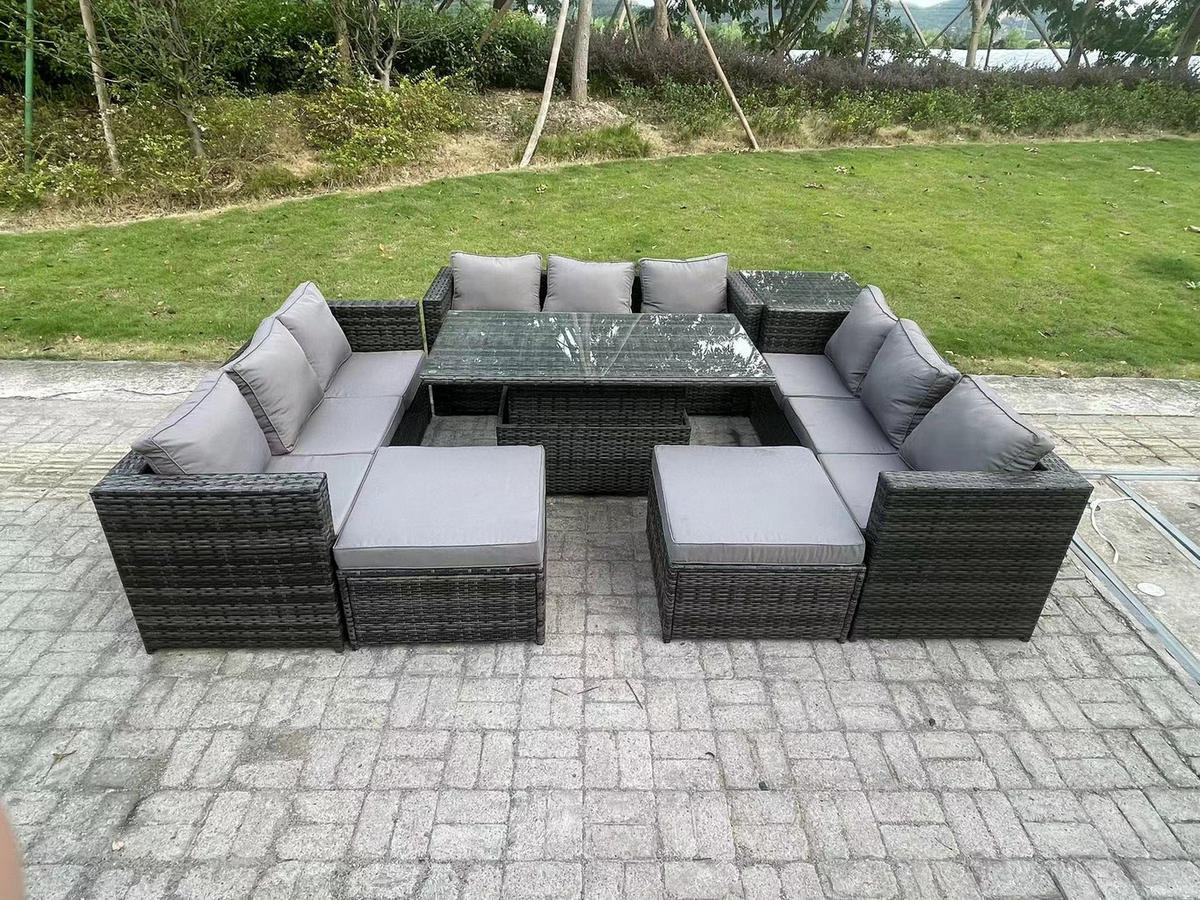 GARTENMÖBEL HÖHENVERSTELLBARER ESSTISCH SET MIT HOCKER Polyrattan Outdoor 11-Sitzer - Dunkelgrau/Grau, Glas/Kunststoff - Fimous