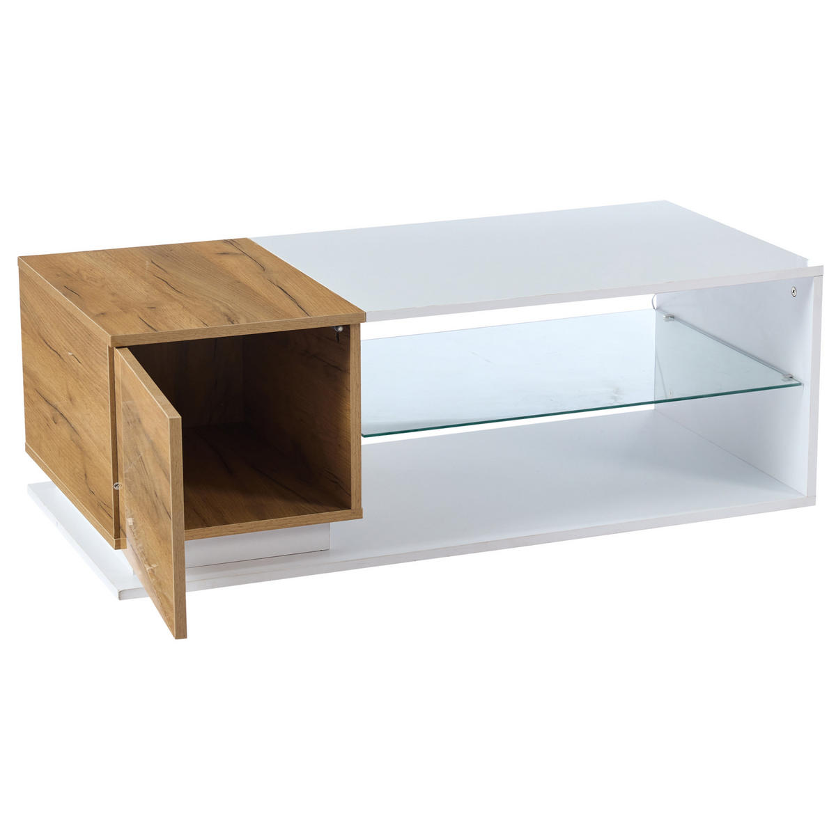 COUCHTISCH 105/50/36 cm mit LED-Beleuchtung, Stauraum, Hochglanz und Glasplatte, Weiß/Eichefarben - Weiß, Holzwerkstoff (105/50/36cm) - Redom