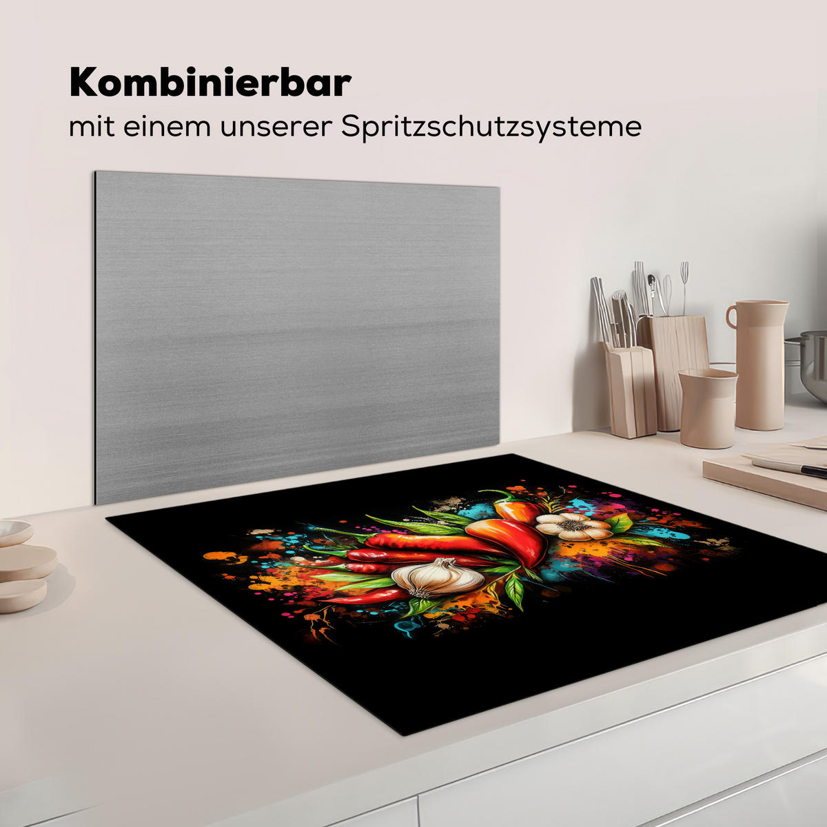 HERDABDECKPLATTE Gemüse - Paprika - Knoblauch - Graffiti - Farbe - Bunt Induktionsmatte 78x78 cm - Rot, Kunststoff (78/78/0.2cm) - MuchoWow