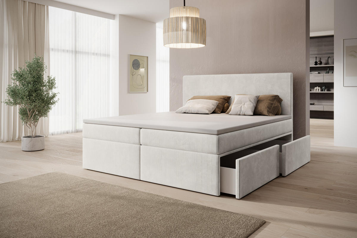 BOXSPRINGBETT Siena mit Schubladen und Topper, POSO-Cordstoff, 180x200 cm, Beige - Beige, Holz - PROMETO Möbel