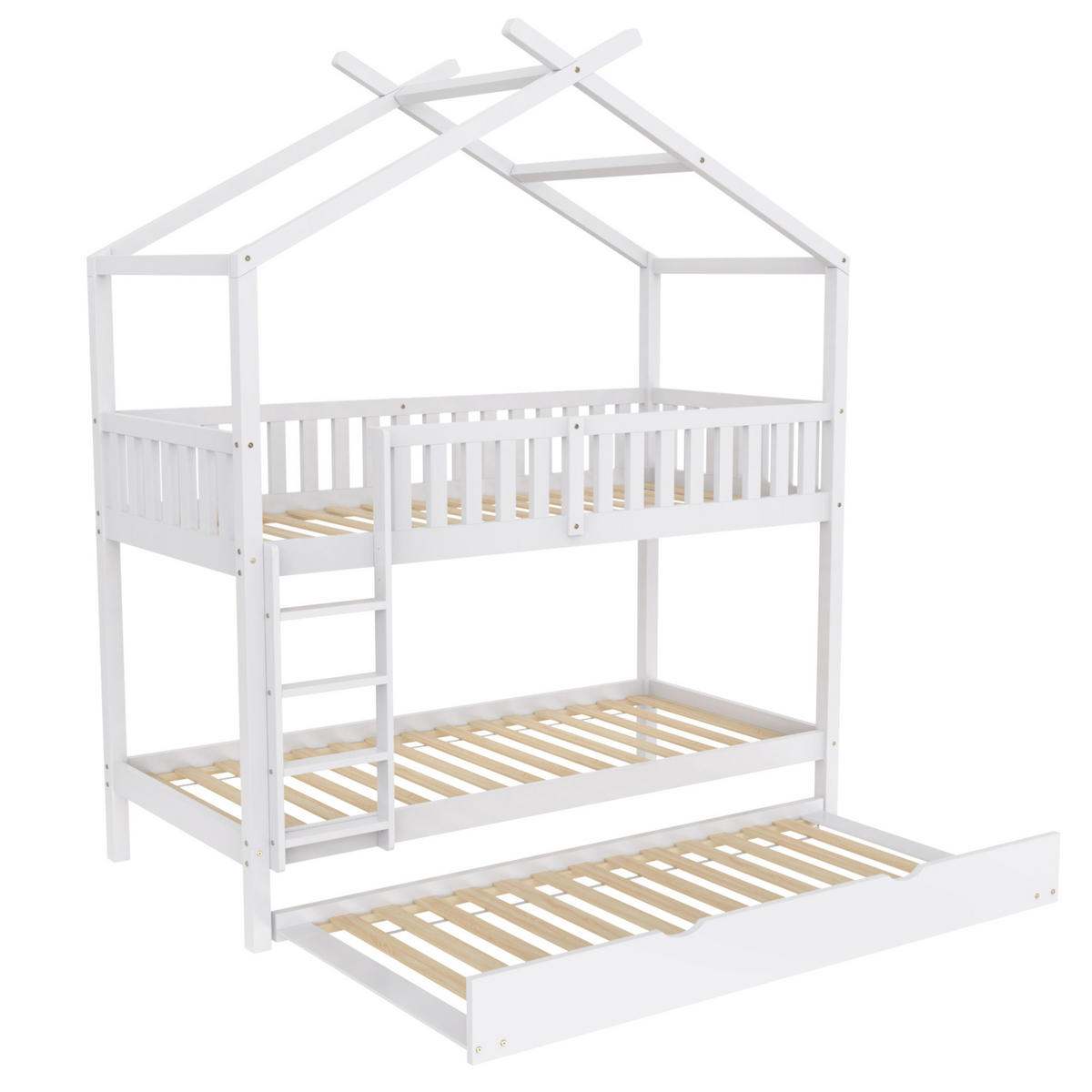 HAUSBETT 90/200 cm in Weiß – aus Kiefernholz mit Rollbett - Weiß, Holz (90/200cm) - BEAOK