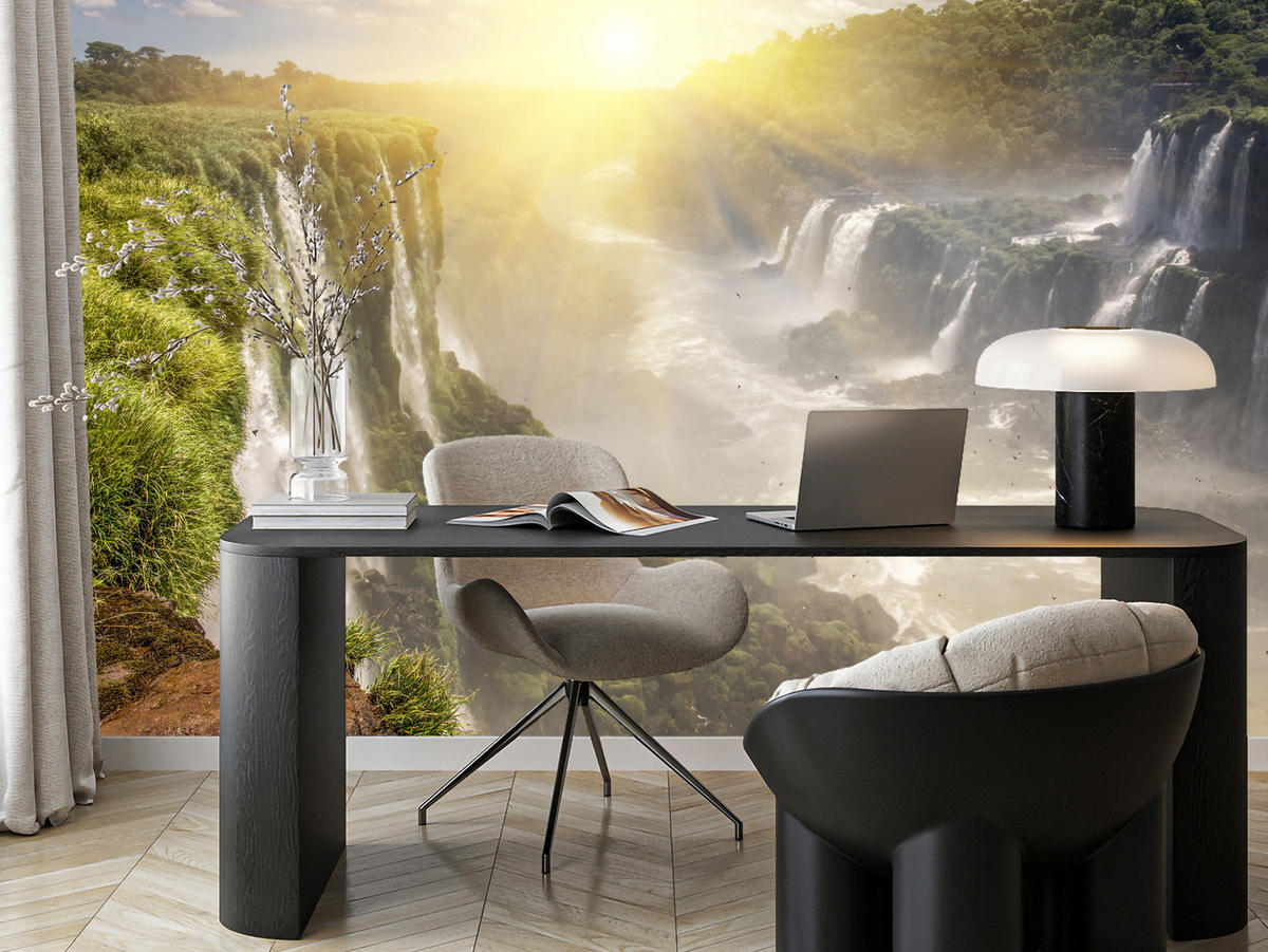 FOTOTAPETE für Wohnzimmer Wasserfall Sonnenaufgang Pflanzen 300x210 - Gelb/Beige, Papier (300/210cm) - Muralo